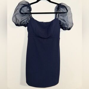 Junp Apparel Navy Blue Dress with Sheer Puff Sleeves